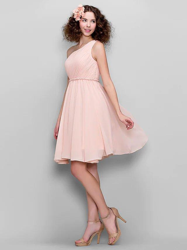 A-Line Bridesmaid Dress One Shoulder Sleeveless All Celebrity Styles Knee Length Chiffon with Side Draping - RongMoon