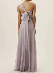 A-Line Bridesmaid Dress One Shoulder Sleeveless Open Back Floor Length Chiffon with Pleats - RongMoon