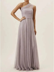 A-Line Bridesmaid Dress One Shoulder Sleeveless Open Back Floor Length Chiffon with Pleats - RongMoon
