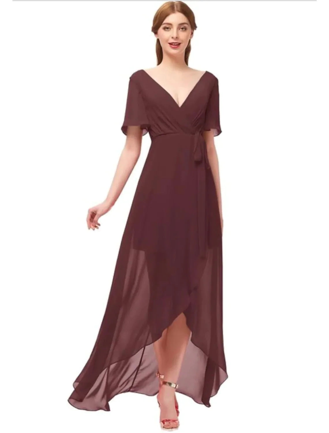 A-Line Bridesmaid Dress Plunging Neck Short Sleeve Elegant Asymmetrical Chiffon with Bow(s) / Ruching - RongMoon