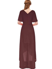 A-Line Bridesmaid Dress Plunging Neck Short Sleeve Elegant Asymmetrical Chiffon with Bow(s) / Ruching - RongMoon