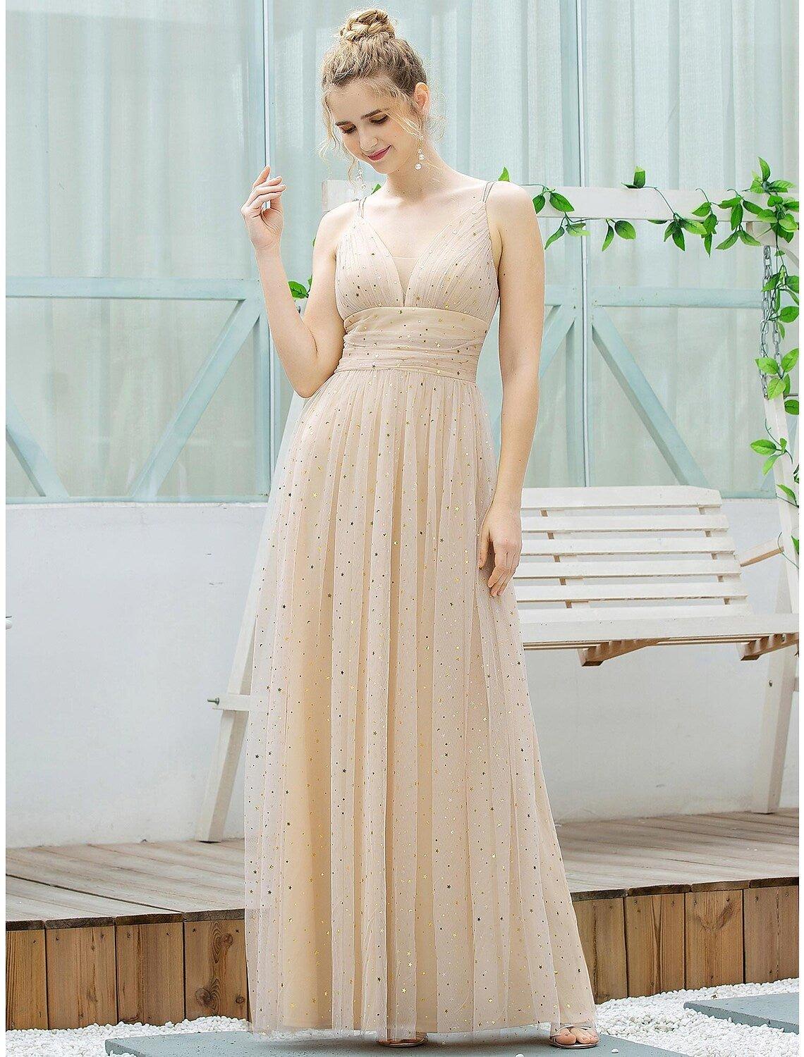 A-Line Bridesmaid Dress Plunging Neck Sleeveless Elegant Floor Length Tulle with Sequin - RongMoon