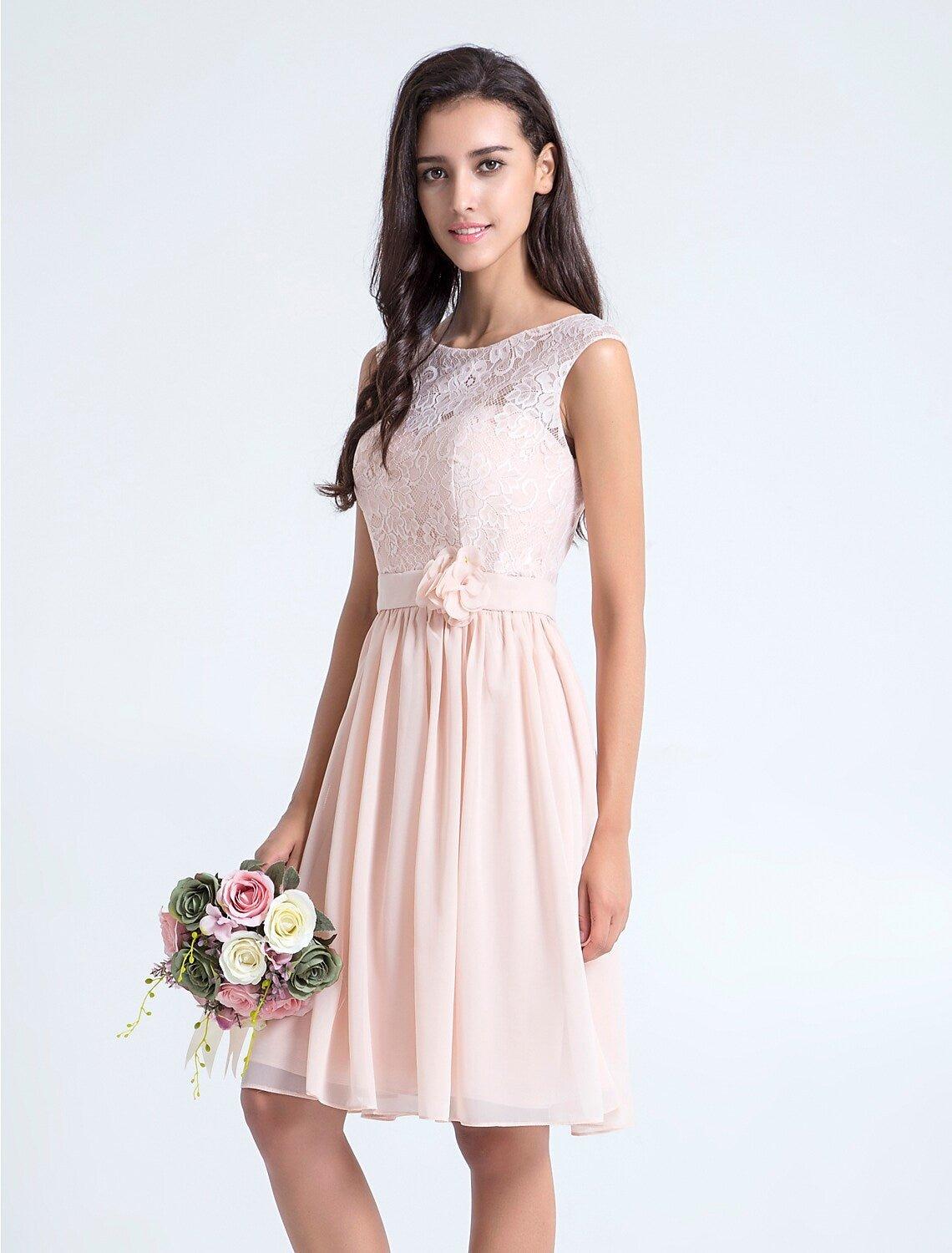 A-Line Bridesmaid Dress Scoop Neck Sleeveless Elegant & Luxurious Knee Length Lace Bodice with Lace / Sash / Ribbon / Flower - RongMoon