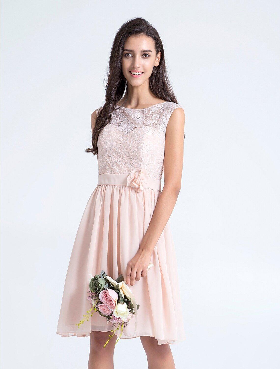 A-Line Bridesmaid Dress Scoop Neck Sleeveless Elegant & Luxurious Knee Length Lace Bodice with Lace / Sash / Ribbon / Flower - RongMoon