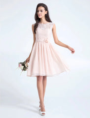 A-Line Bridesmaid Dress Scoop Neck Sleeveless Elegant & Luxurious Knee Length Lace Bodice with Lace / Sash / Ribbon / Flower - RongMoon