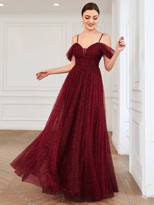 A-Line Bridesmaid Dress Spaghetti Strap / Off Shoulder Short Sleeve Elegant Floor Length Tulle with Draping / Ruching / Solid Color - RongMoon