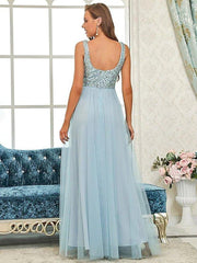 A-Line Bridesmaid Dress Spaghetti Strap Sleeveless Elegant Floor Length Tulle / Sequined with Sequin - RongMoon