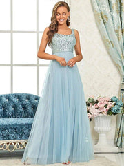 A-Line Bridesmaid Dress Spaghetti Strap Sleeveless Elegant Floor Length Tulle / Sequined with Sequin - RongMoon