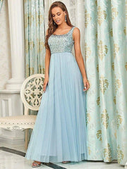 A-Line Bridesmaid Dress Spaghetti Strap Sleeveless Elegant Floor Length Tulle / Sequined with Sequin - RongMoon