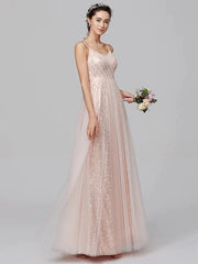 A-Line Bridesmaid Dress Spaghetti Strap Sleeveless Floor Length Tulle / Sequined with Pleats / Sequin - RongMoon