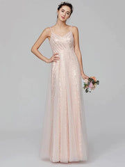 A-Line Bridesmaid Dress Spaghetti Strap Sleeveless Floor Length Tulle / Sequined with Pleats / Sequin - RongMoon