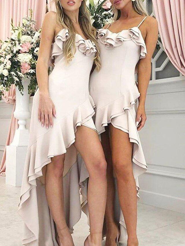 A-Line Bridesmaid Dress Spaghetti Strap Sleeveless Sexy Asymmetrical Spandex with Lace / Ruffles - RongMoon