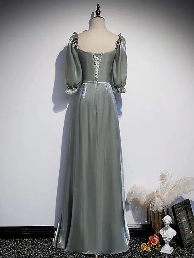 A-Line Bridesmaid Dress Square Neck Half Sleeve Elegant Floor Length Satin with Bow(s) / Beading - RongMoon