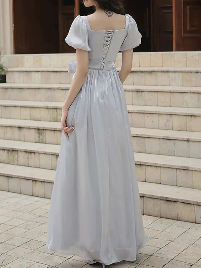 A-Line Bridesmaid Dress Square Neck Short Sleeve Elegant Ankle Length Organza with Bow(s) - RongMoon