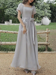 A-Line Bridesmaid Dress Square Neck Short Sleeve Elegant Ankle Length Organza with Bow(s) - RongMoon