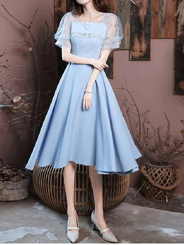 A-Line Bridesmaid Dress Square Neck Short Sleeve Elegant Knee Length Satin with Buttons / Pleats - RongMoon