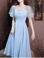 A-Line Bridesmaid Dress Square Neck Short Sleeve Elegant Knee Length Satin with Buttons / Pleats - RongMoon