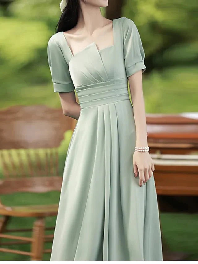 A-Line Bridesmaid Dress Square Neck Short Sleeve Elegant Tea Length Satin with Ruching / Solid Color - RongMoon