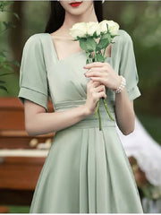 A-Line Bridesmaid Dress Square Neck Short Sleeve Elegant Tea Length Satin with Ruching / Solid Color - RongMoon