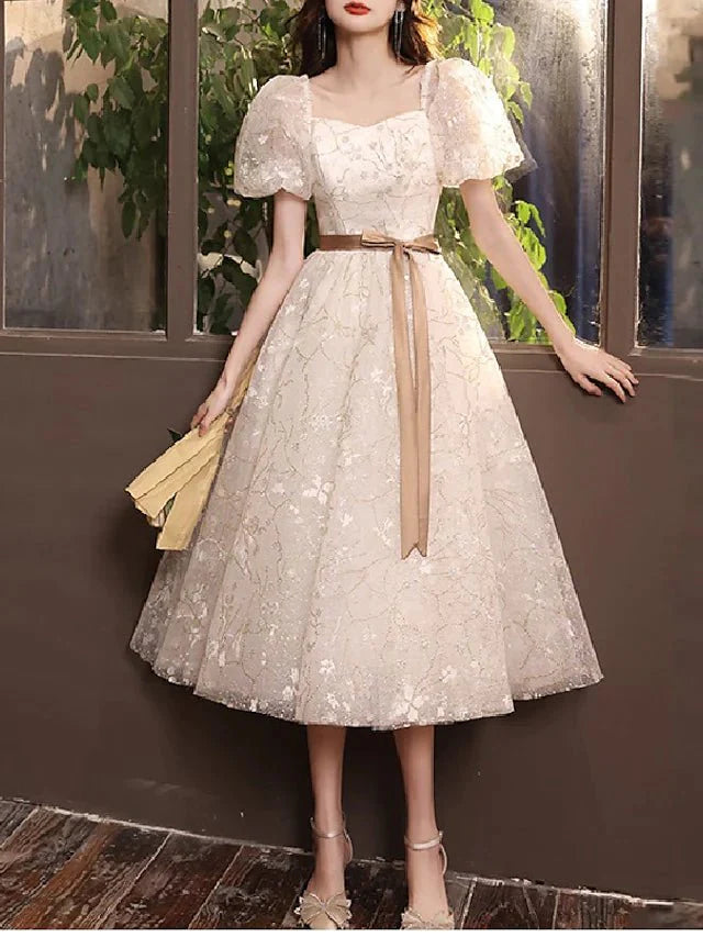 A-Line Bridesmaid Dress Square Neck Short Sleeve Elegant Tea Length Tulle with Bow(s) / Pleats - RongMoon