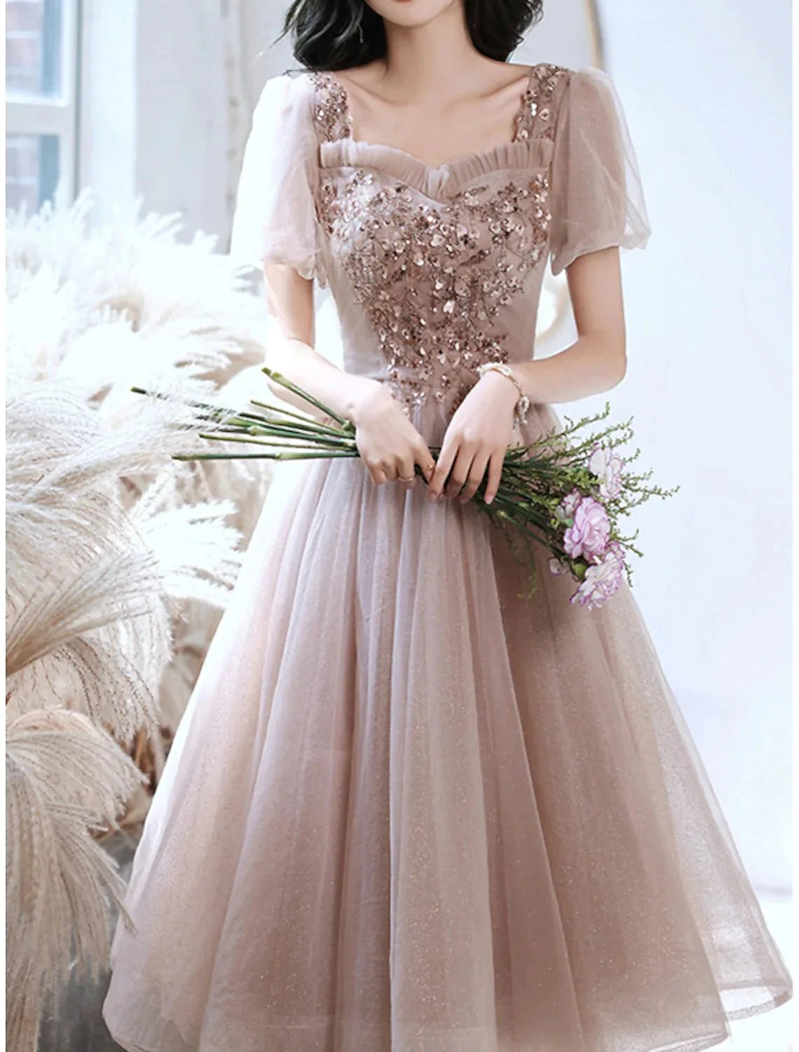 A-Line Bridesmaid Dress Square Neck Short Sleeve Elegant Tea Length Tulle with Sequin / Ruffles - RongMoon