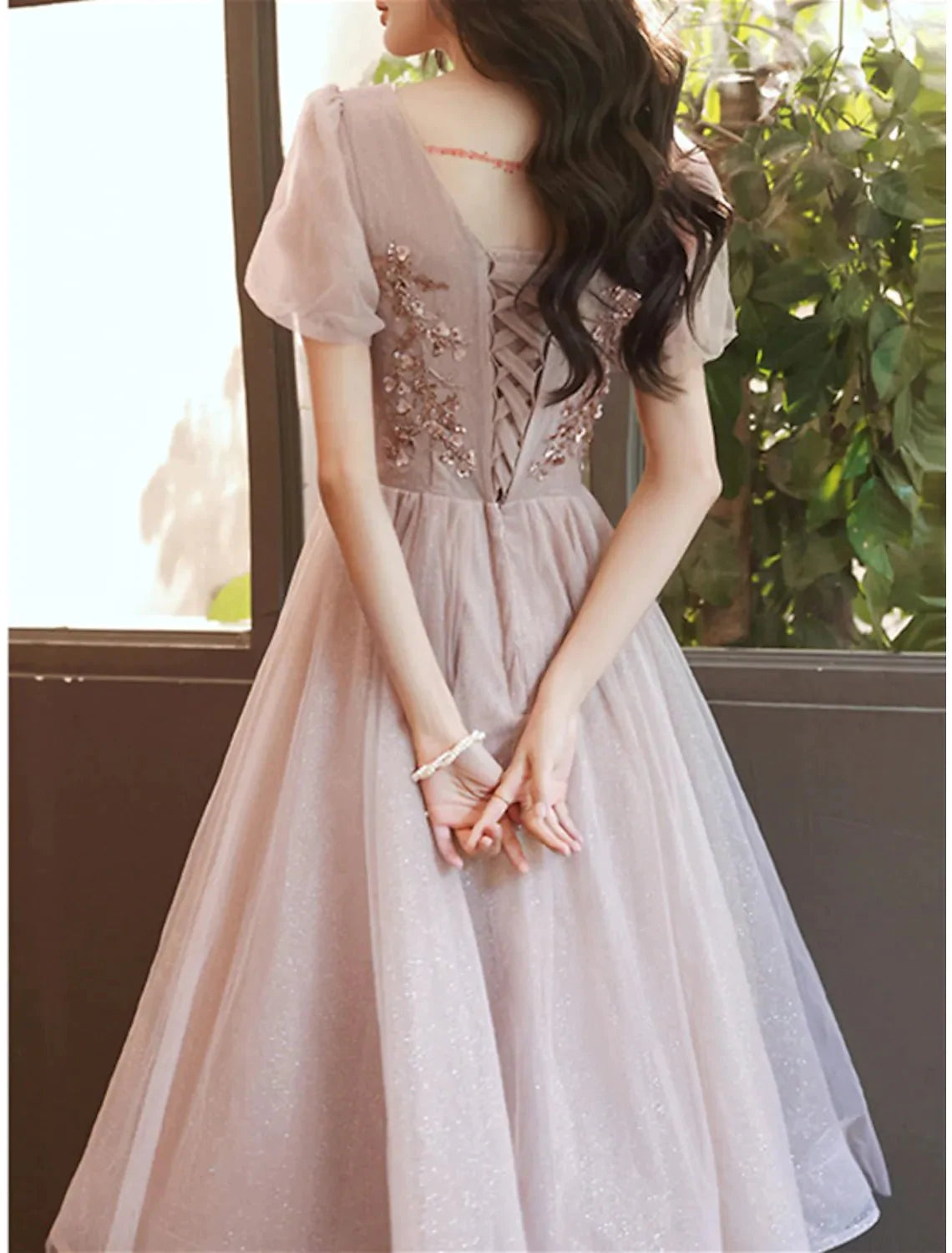 A-Line Bridesmaid Dress Square Neck Short Sleeve Elegant Tea Length Tulle with Sequin / Ruffles - RongMoon