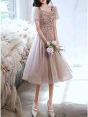 A-Line Bridesmaid Dress Square Neck Short Sleeve Elegant Tea Length Tulle with Sequin / Ruffles - RongMoon