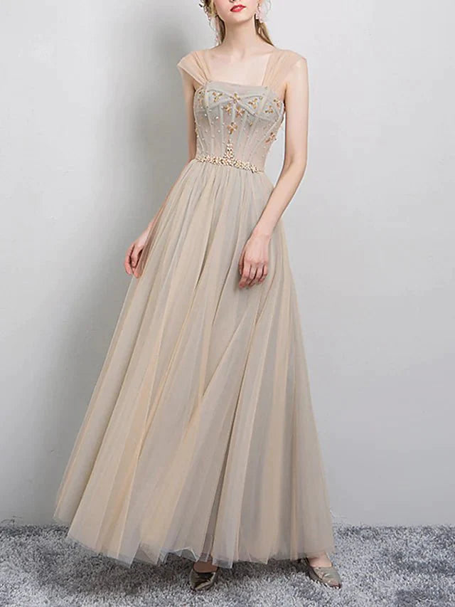 A-Line Bridesmaid Dress Square Neck Sleeveless Elegant Floor Length Tulle with Beading - RongMoon