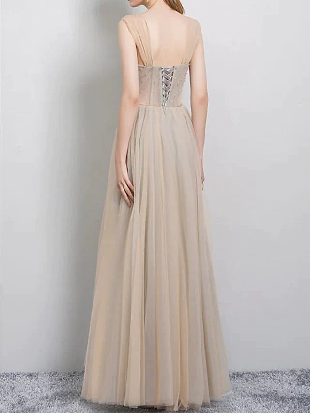 A-Line Bridesmaid Dress Square Neck Sleeveless Elegant Floor Length Tulle with Beading - RongMoon