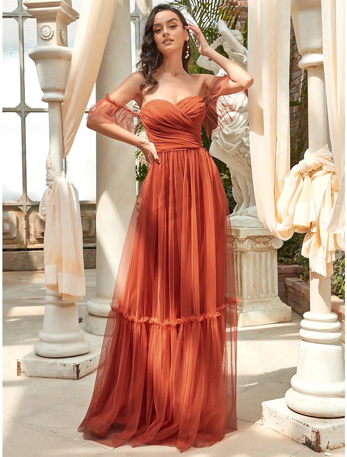 A-Line Bridesmaid Dress Strapless Short Sleeve Elegant Floor Length Tulle with Ruffles - RongMoon