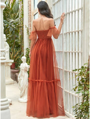 A-Line Bridesmaid Dress Strapless Short Sleeve Elegant Floor Length Tulle with Ruffles - RongMoon