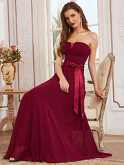 A-Line Bridesmaid Dress Strapless Sleeveless Elegant Floor Length Chiffon with Sash / Ribbon - RongMoon