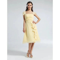 A-Line Bridesmaid Dress Straps Short Sleeve Elegant Knee Length Chiffon with Ruffles / Draping - RongMoon