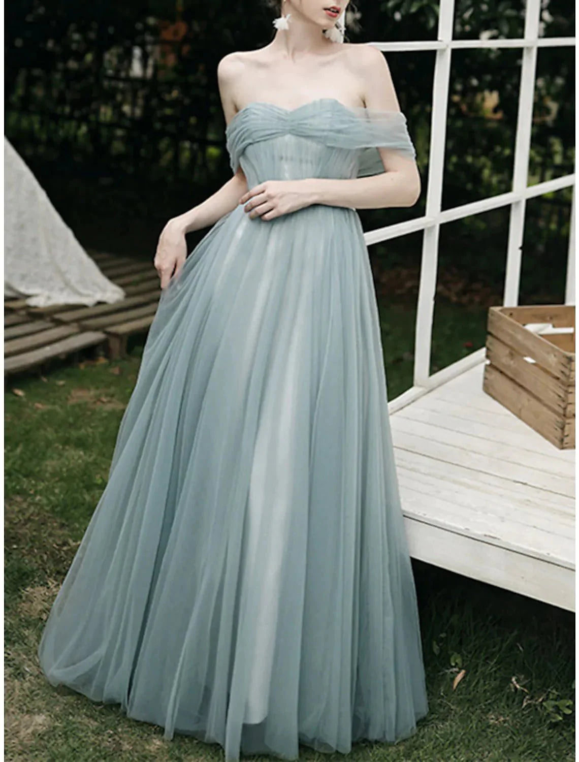 A-Line Bridesmaid Dress Sweetheart Neckline / Off Shoulder Short Sleeve Elegant Floor Length Tulle with Pleats - RongMoon