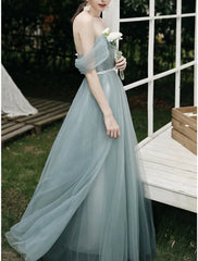 A-Line Bridesmaid Dress Sweetheart Neckline / Off Shoulder Short Sleeve Elegant Floor Length Tulle with Pleats - RongMoon