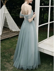 A-Line Bridesmaid Dress Sweetheart Neckline / Off Shoulder Short Sleeve Elegant Floor Length Tulle with Pleats - RongMoon