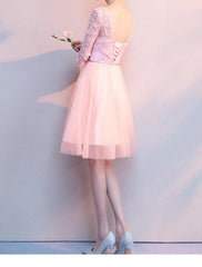 A-Line Bridesmaid Dress V Neck Half Sleeve Beautiful Back Knee Length Lace / Tulle with Appliques - RongMoon