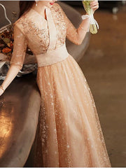 A-Line Bridesmaid Dress V Neck Half Sleeve Elegant Floor Length Tulle / Sequined with Pleats / Sequin - RongMoon