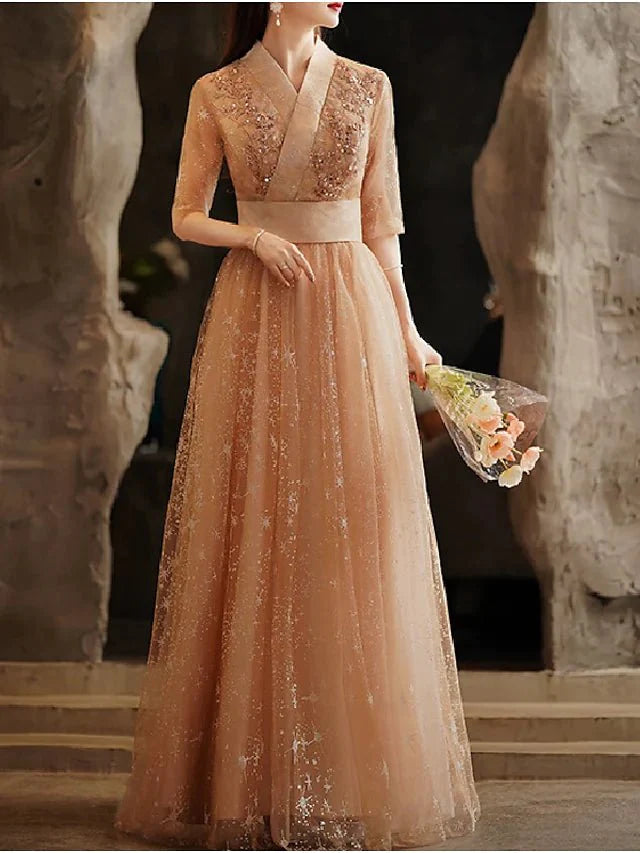 A-Line Bridesmaid Dress V Neck Half Sleeve Elegant Floor Length Tulle / Sequined with Pleats / Sequin - RongMoon
