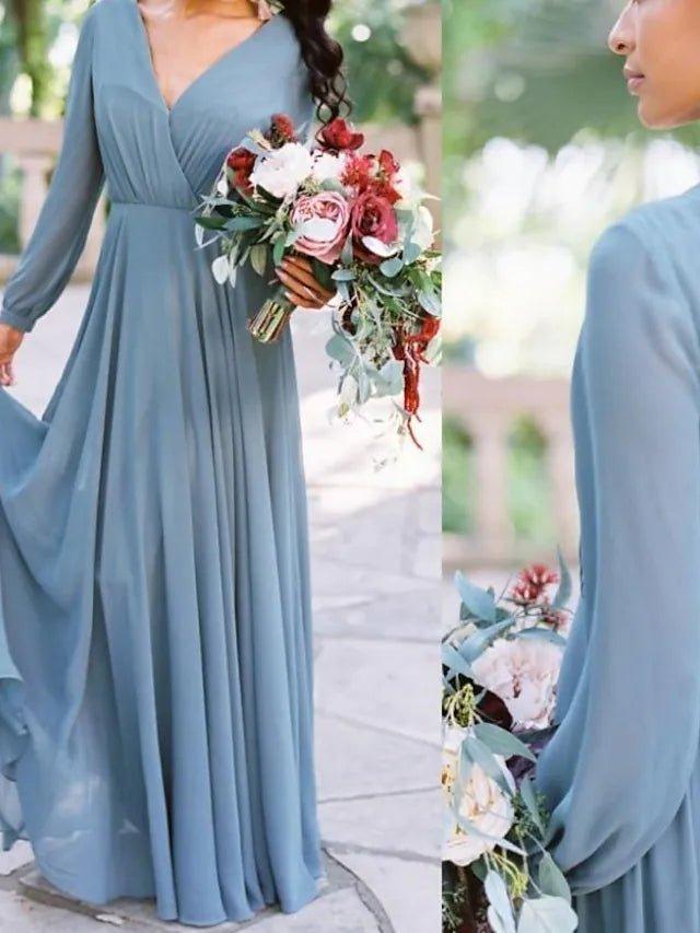 A-Line Bridesmaid Dress V Neck Long Sleeve Beautiful Back Floor Length Chiffon with Pleats / Solid Color - RongMoon
