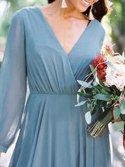 A-Line Bridesmaid Dress V Neck Long Sleeve Beautiful Back Floor Length Chiffon with Pleats / Solid Color - RongMoon