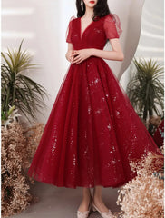 A-Line Bridesmaid Dress V Neck Short Sleeve Elegant Ankle Length Tulle with Sequin - RongMoon
