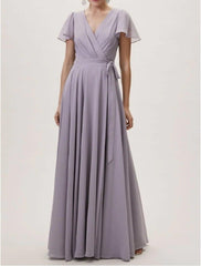 A-Line Bridesmaid Dress V Neck Short Sleeve Elegant Floor Length Chiffon / Lace with Sash / Ribbon / Pleats - RongMoon