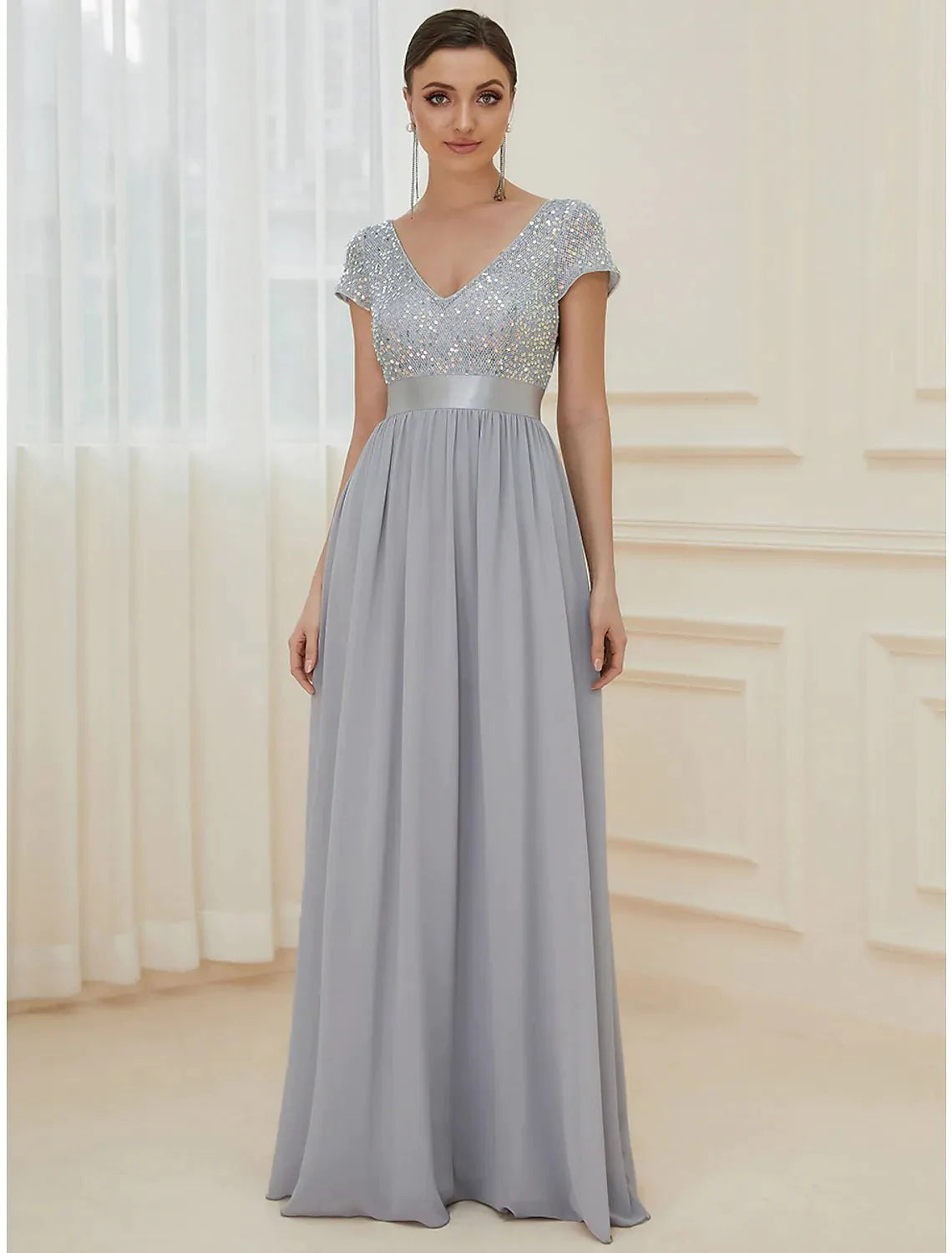 A-Line Bridesmaid Dress V Neck Short Sleeve Elegant Floor Length Chiffon with Solid Color - RongMoon