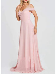 A-Line Bridesmaid Dress V Neck Short Sleeve Elegant Floor Length Polyester with Pleats - RongMoon