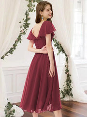 A-Line Bridesmaid Dress V Neck Short Sleeve Elegant Knee Length Chiffon with Pleats / Ruffles - RongMoon