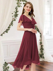 A-Line Bridesmaid Dress V Neck Short Sleeve Elegant Knee Length Chiffon with Pleats / Ruffles - RongMoon