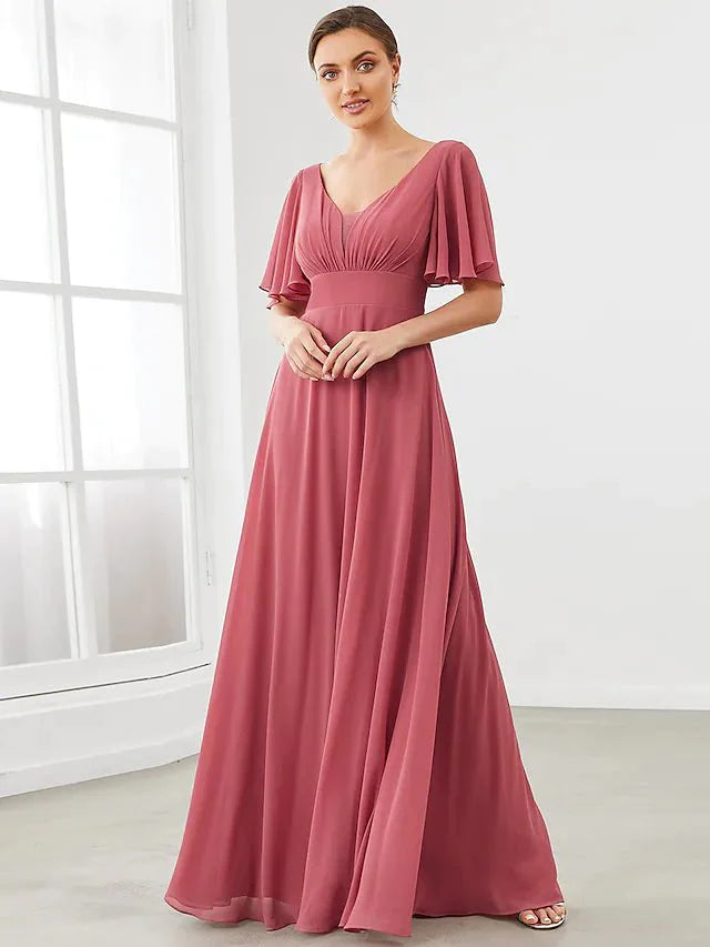 A-Line Bridesmaid Dress V Neck Short Sleeve Plus Size Floor Length Chiffon with Pleats / Draping / Solid Color - RongMoon