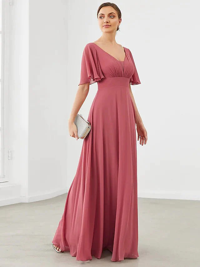 A-Line Bridesmaid Dress V Neck Short Sleeve Plus Size Floor Length Chiffon with Pleats / Draping / Solid Color - RongMoon