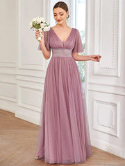 A-Line Bridesmaid Dress V Neck Short Sleeve Plus Size Floor Length Tulle with Ruffles / Draping / Tier - RongMoon